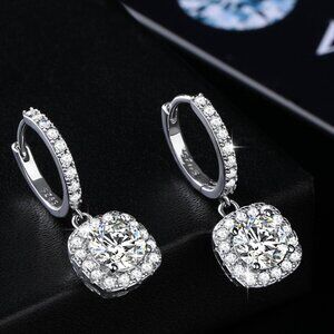 💎 NEW Certified 0.5ct Cushion Cut Halo Moissanite Dangle Earrings S925